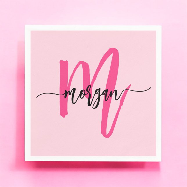 Hot Pink Modern Script Girly Monogram Name Napkin (Creator Uploaded)