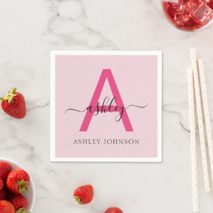 Hot Pink Modern Script Girly Monogram Name Napkin