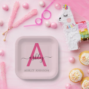 Hot Pink Modern Script Girly Monogram Name Paper Plate