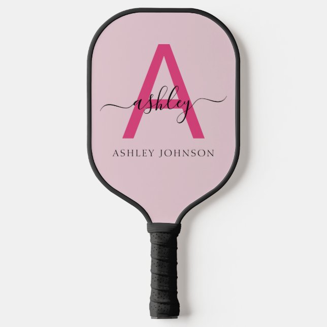Hot Pink Modern Script Girly Monogram Name Pickleball Paddle (Front)