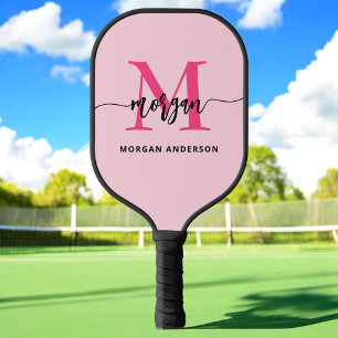 Hot Pink Modern Script Girly Monogram Name Pickleball Paddle