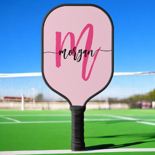 Hot Pink Modern Script Girly Monogram Name Pickleball Paddle