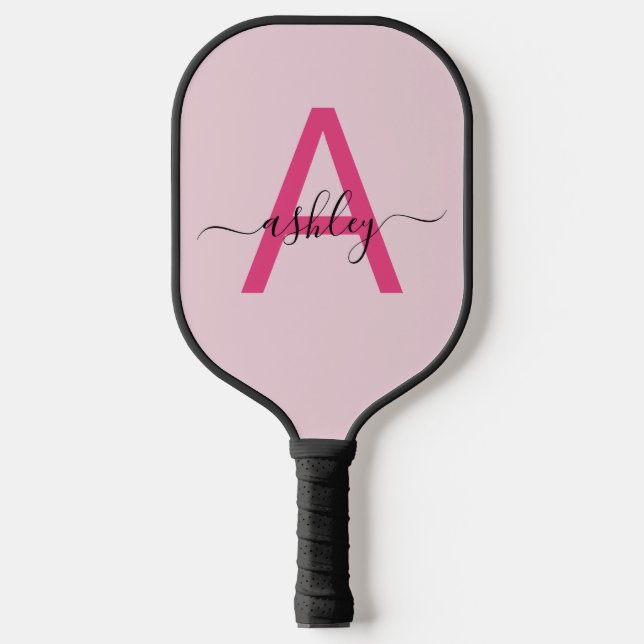 Hot Pink Modern Script Girly Monogram Name Pickleball Paddle (Front)
