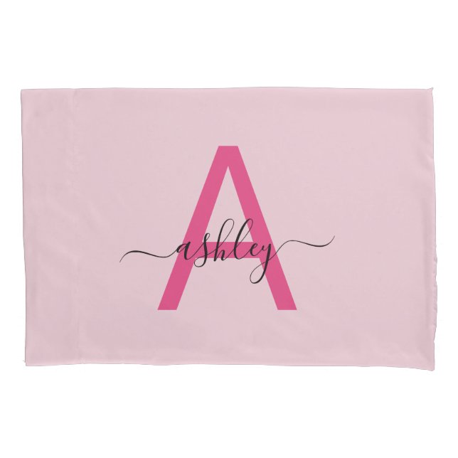 Hot Pink Modern Script Girly Monogram Name Pillowcase (Front)