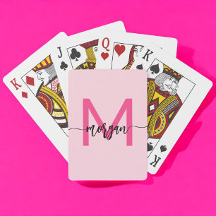 Hot Pink Modern Script Girly Monogram Name Playing Cards