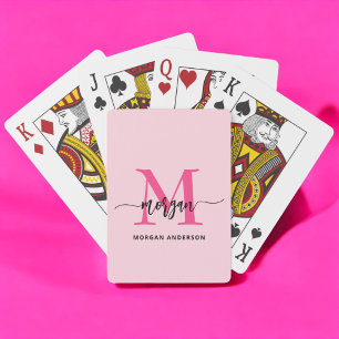Hot Pink Modern Script Girly Monogram Name Playing Cards