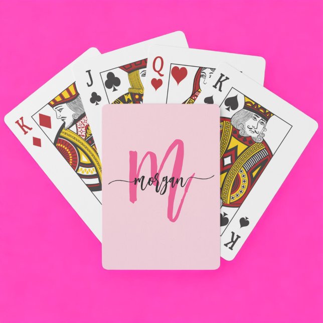 Hot Pink Modern Script Girly Monogram Name Playing Cards (Creator Uploaded)