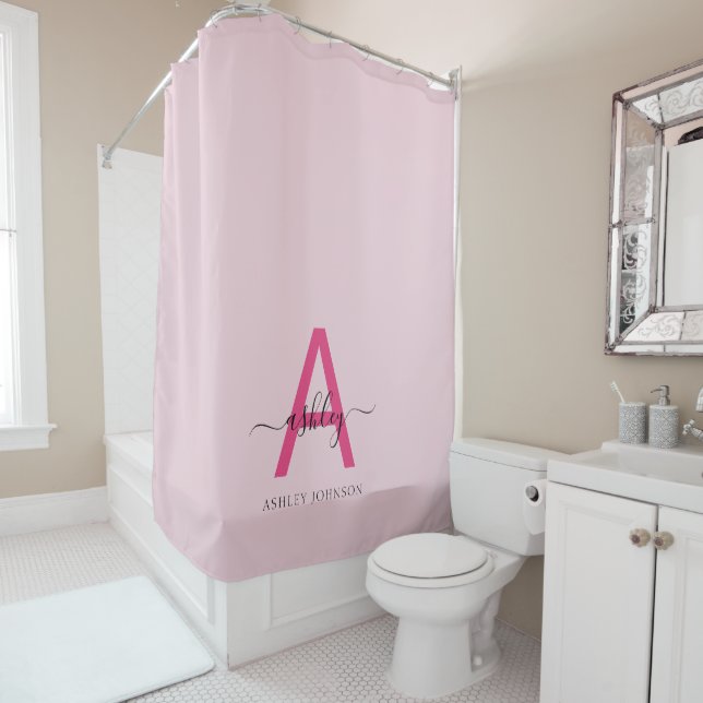 Hot Pink Modern Script Girly Monogram Name Shower Curtain (In Situ)