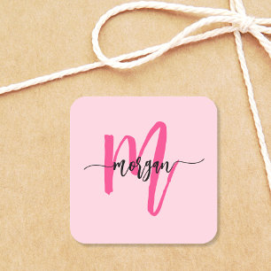 Hot Pink Modern Script Girly Monogram Name Square Sticker