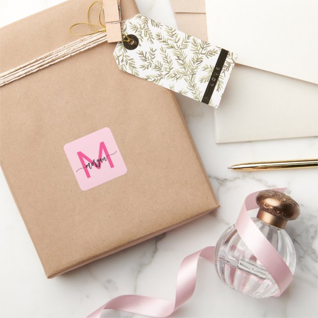 Hot Pink Modern Script Girly Monogram Name Square Sticker (Gifting)