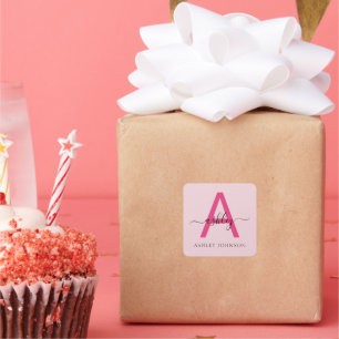 Hot Pink Modern Script Girly Monogram Name Square Sticker
