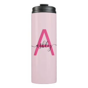 Hot Pink Modern Script Girly Monogram Name Thermal Tumbler