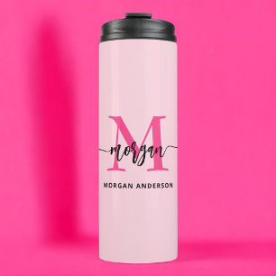 Hot Pink Modern Script Girly Monogram Name Thermal Tumbler