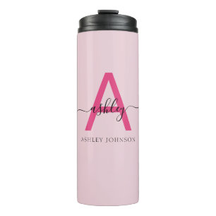 Hot Pink Modern Script Girly Monogram Name Thermal Tumbler