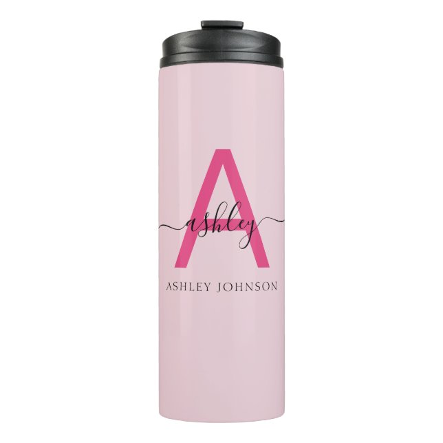 Hot Pink Modern Script Girly Monogram Name Thermal Tumbler (Front)