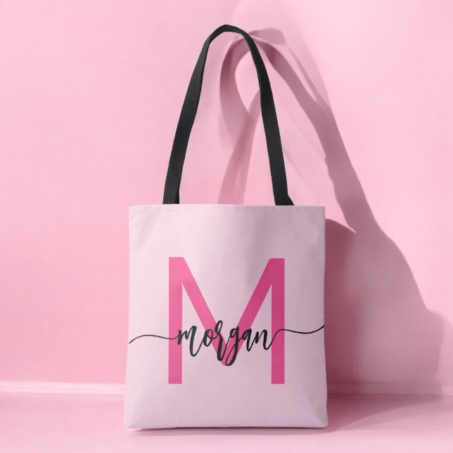 Hot Pink Modern Script Girly Monogram Name Tote Bag (Creator Uploaded)