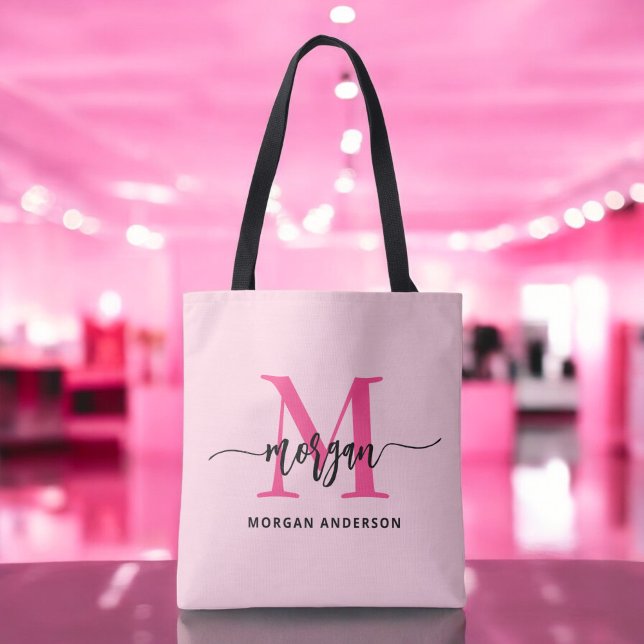 Hot Pink Modern Script Girly Monogram Name Tote Bag (Creator Uploaded)