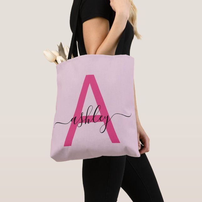 Hot Pink Modern Script Girly Monogram Name Tote Bag (Close Up)