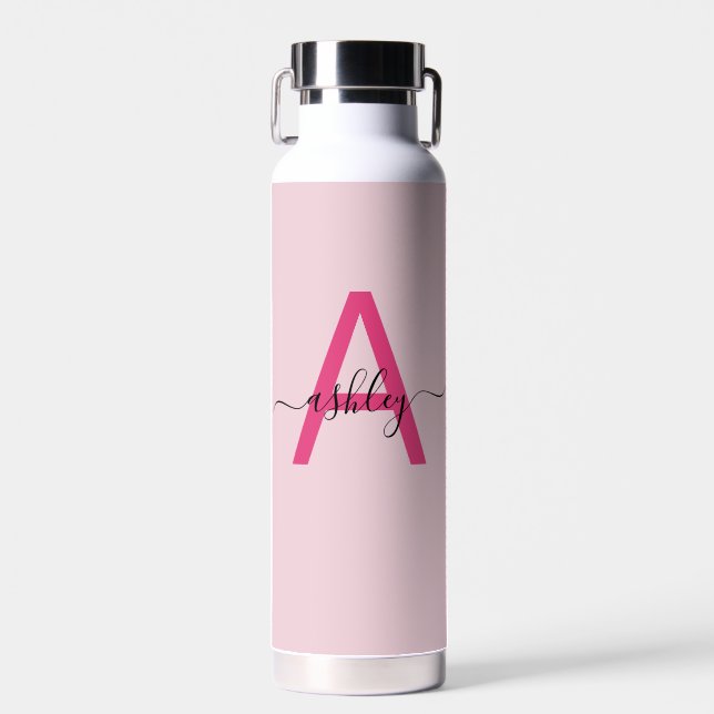 Hot Pink Modern Script Girly Monogram Name Water Bottle (Front)