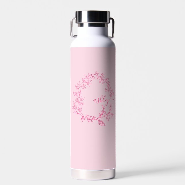 Hot Pink Modern Script Girly Monogram Name Water Bottle (Front)