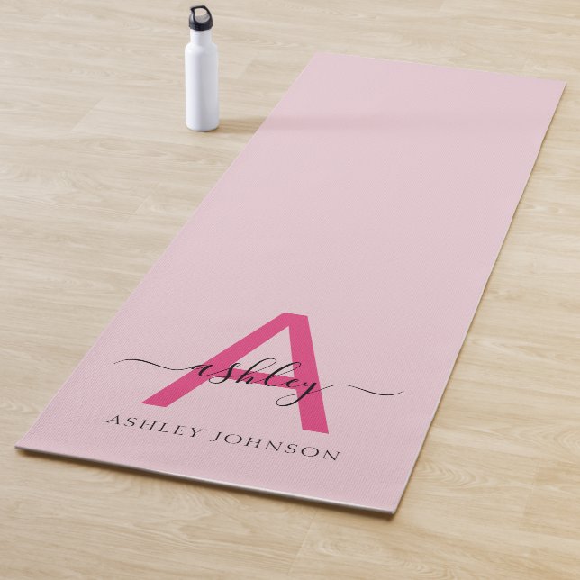 Hot Pink Modern Script Girly Monogram Name Yoga Yoga Mat (In Situ)