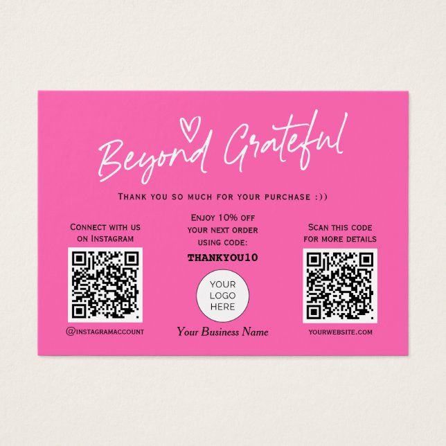 Hot Pink Modern Script QR code thank you card (Front)