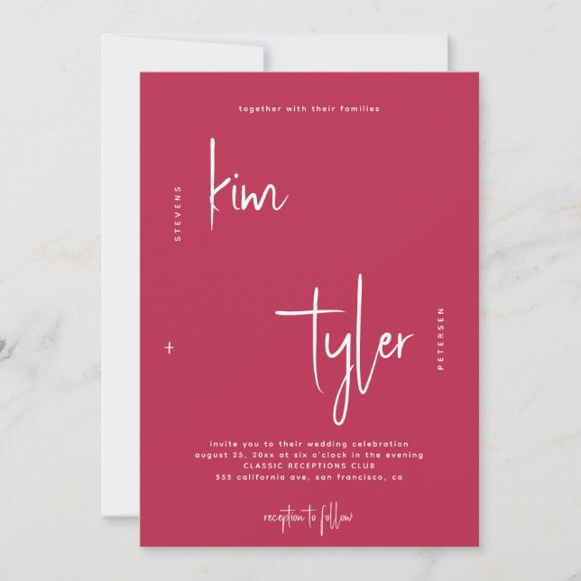 Hot pink modern simple signature script wedding invitation (Front)