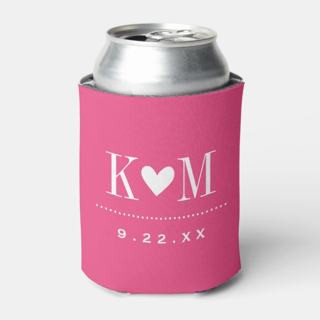 Hot Pink Modern Wedding Monogram Can Cooler (Can Front)