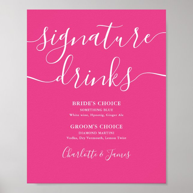 Hot Pink Modern Wedding Signature Drinks Sign (Front)