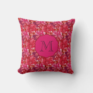 Hot Pink Monogram Bold Roses Floral Pattern Cushion