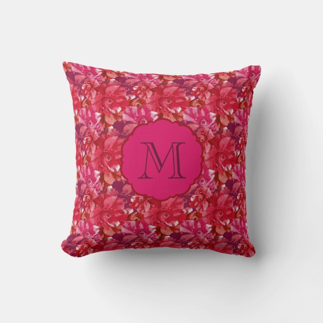 Hot Pink Monogram Bold Roses Floral Pattern Cushion (Front)