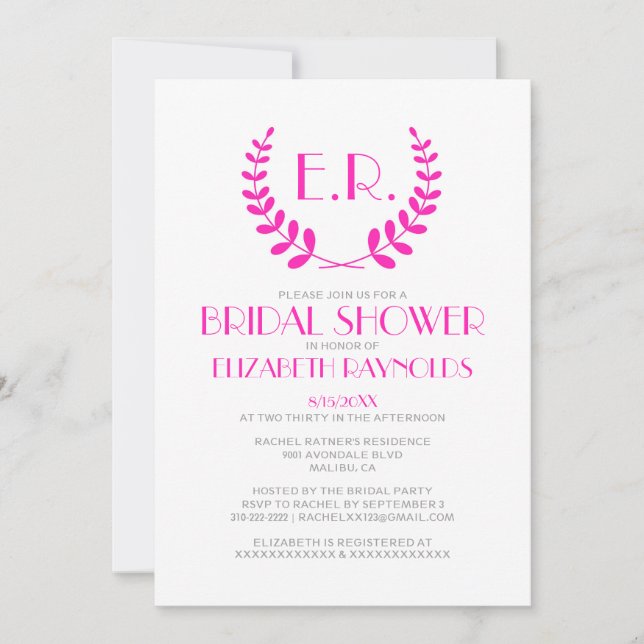 Hot Pink Monogram Bridal Shower Invitations (Front)