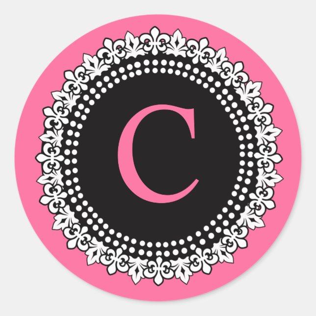Hot Pink Monogram C Fleur de Lis Wedding Sticker (Front)