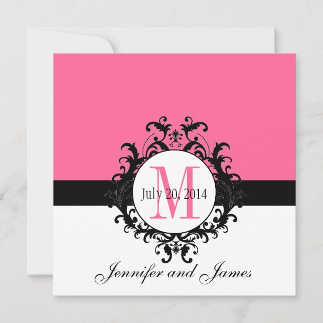 Hot Pink Monogram Damask Wedding Invitation (Front)