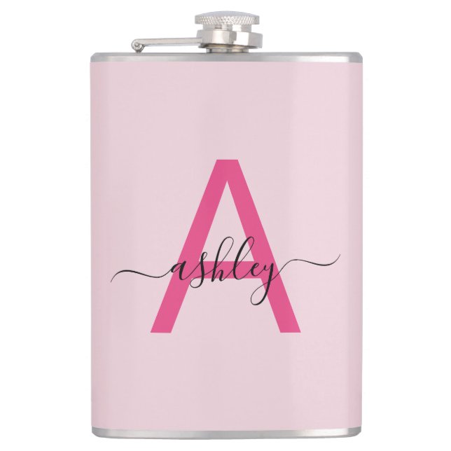Hot Pink Monogram Girl's Bachelorette Party Hip Flask (Front)