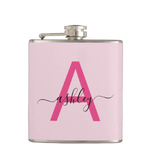 Hot Pink Monogram Girl's Bachelorette Party Hip Flask
