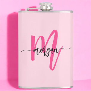 Hot Pink Monogram Girl's Bachelorette Party Hip Flask