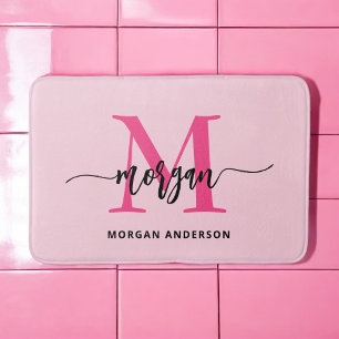 Hot Pink Monogram Girl's Dorm Room Bath Mat