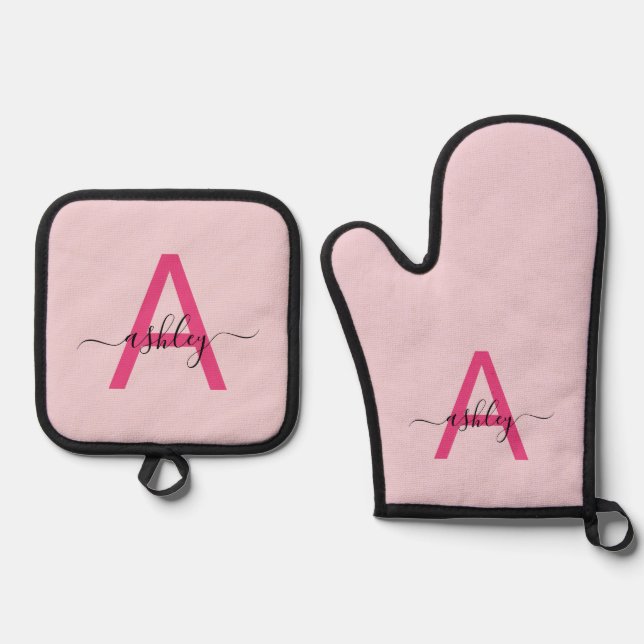Hot Pink Monogram Girl's Kitchen Script Oven Mitt & Pot Holder Set (Front)