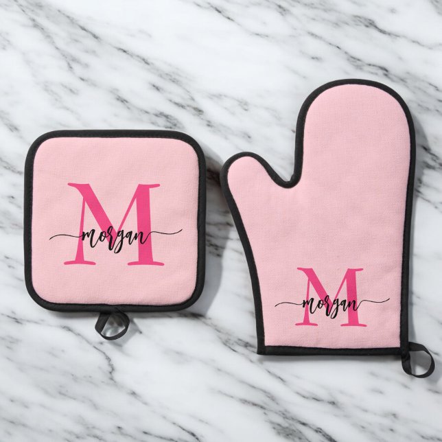 Hot Pink Monogram Girl's Kitchen Script Oven Mitt & Pot Holder Set (Creator Uploaded)