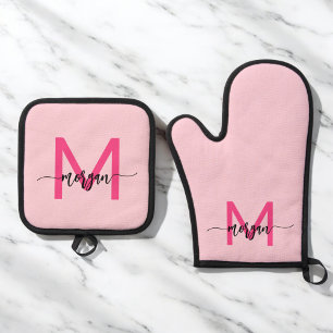 Hot Pink Monogram Girl's Kitchen Script Oven Mitt & Pot Holder Set