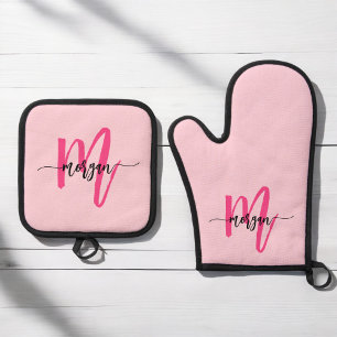 Hot Pink Monogram Girl's Kitchen Script Oven Mitt & Pot Holder Set