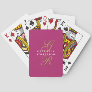 Hot Pink Monogram Gold script Initials White Name  Playing Cards