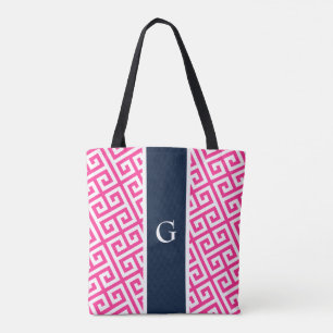 Hot Pink Monogram Greek Key Tote Bag