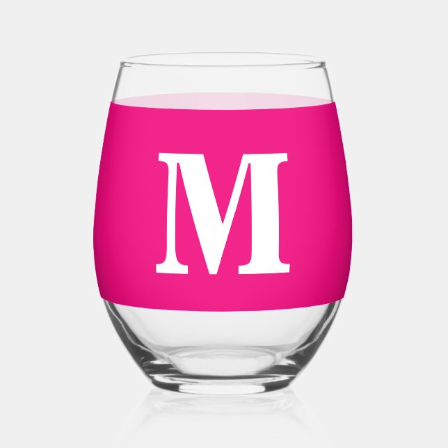  Hot Pink Monogram Initials Name Custom Colour Gif Stemless Wine Glass (Front)