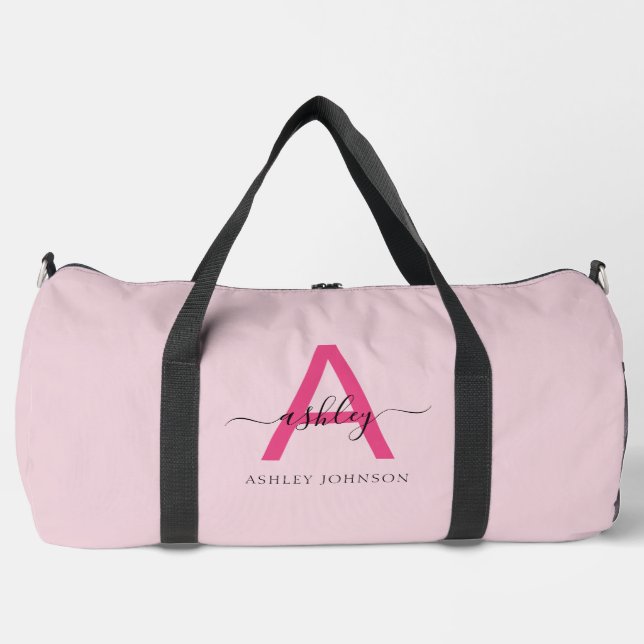 Hot Pink Monogram Name Girl's Script Sports Duffle Bag (Front)
