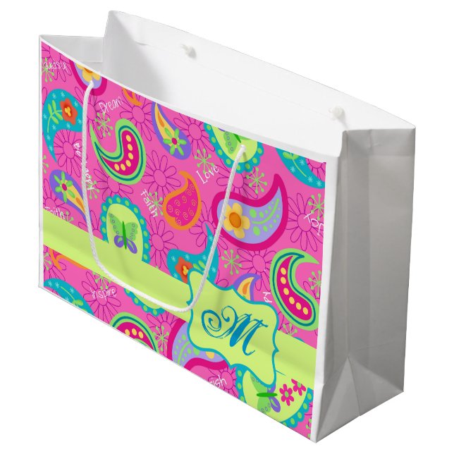 Hot Pink Monogram Personalised Modern Paisley Large Gift Bag (Front Angled)