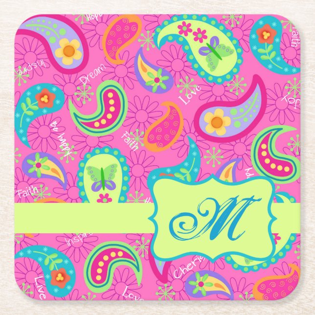 Hot Pink Monogram Personalised Modern Paisley Square Paper Coaster (Front)