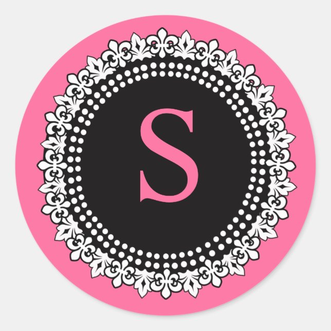 Hot Pink Monogram S Fleur de Lis Wedding Sticker (Front)