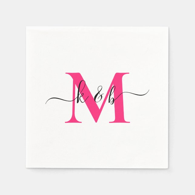 Hot Pink Monogram Swash Script White Cocktail  Napkin (Front)